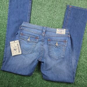 NWT True Religion Slim Straight Blue Jeans Womens Low Rise Flap Pocket Size 30